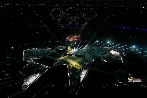 The Olympic rings are illuminated during the 2024 Summer Olympics closing ceremony